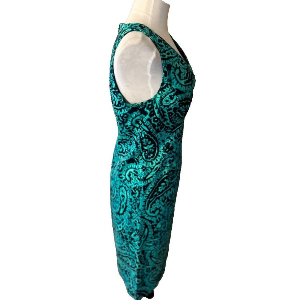 Jones New York Dress 10 Stretch Cotton Sheath Green Blue Paisley Washable - Picture 10 of 12